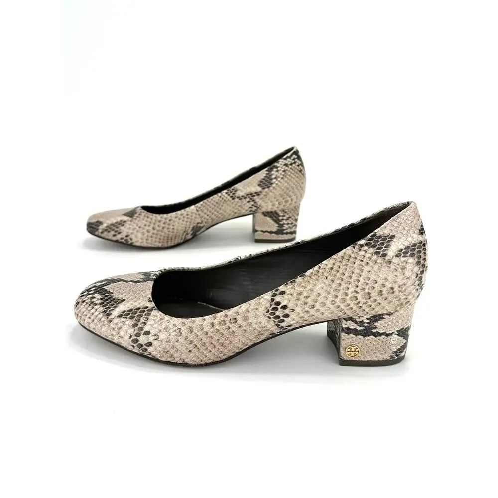 Tory Burch Block Heel Pump Sz 10M Tan Brown Snake Print Leather Closed Round Toe